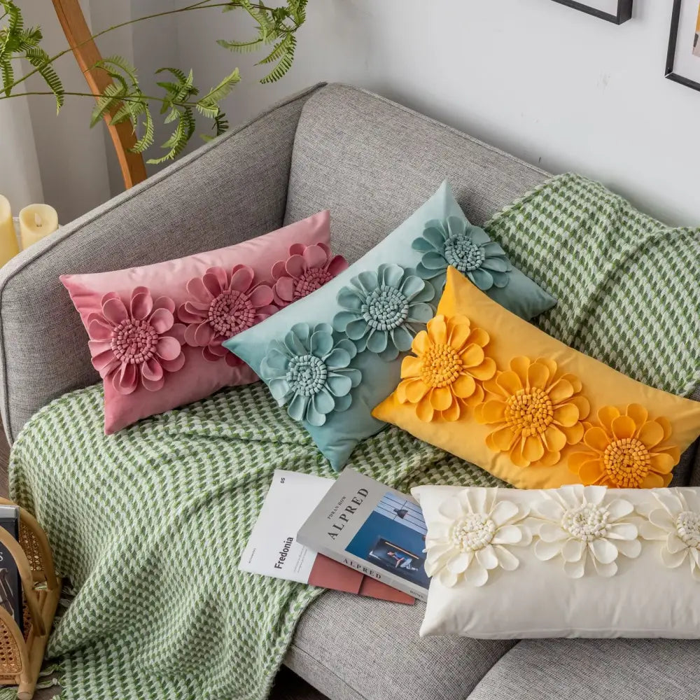 Set of four handmade flower cushion covers in pastel pink teal mustard yellow and cream for living room decorbites decor