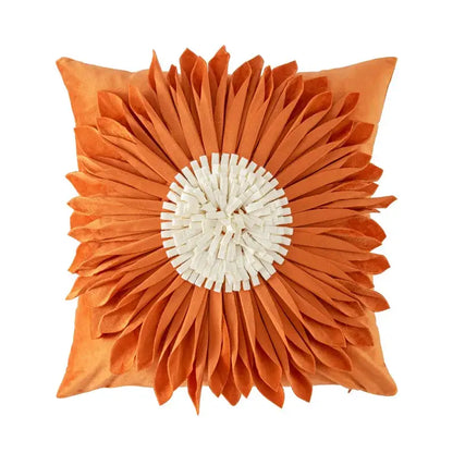 Orange velvet cushion cover with handmade flower 3d sunflower design and white center for living room decorbites handmade flower