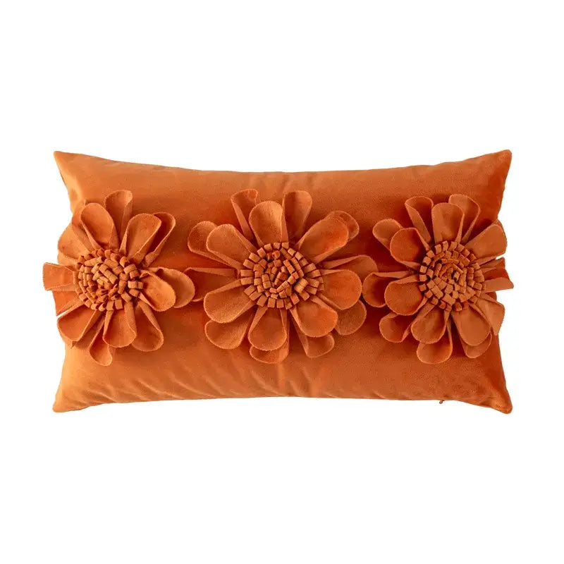 Orange velvet handmade flower cushion cover with three dimensional fabric flowers for living room decorbites decor