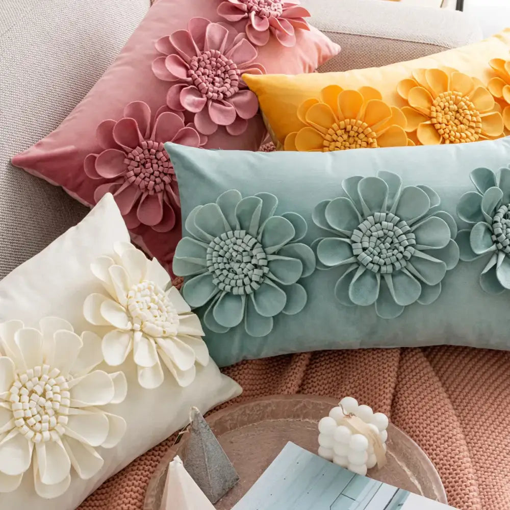 Pastel-colored velvet handmade flower cushion cover set with 立体的编织花朵装饰 for living room decorbites handmade flower decor