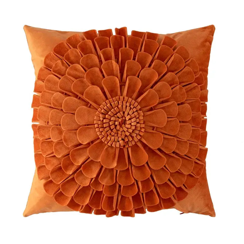 A rust-orange velvet handmade flower cushion cover with layered petal design for living room decorbites decor