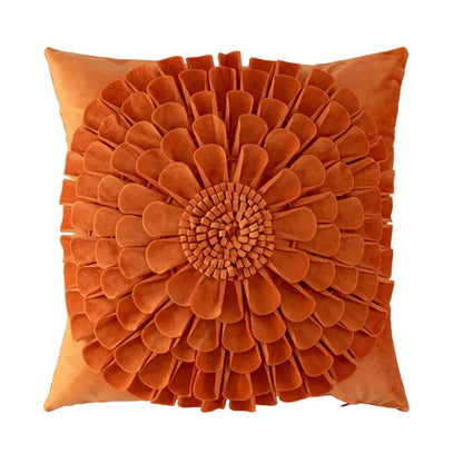 A rust-orange velvet handmade flower cushion cover with layered petal design for living room decorbites decor