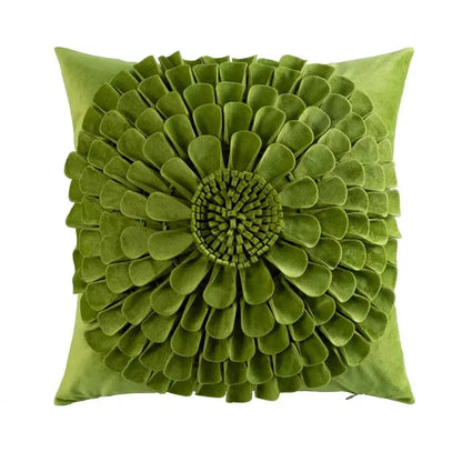 A plush olive green velvet handmade flower cushion cover with a layered floral design for living room decorbites decor