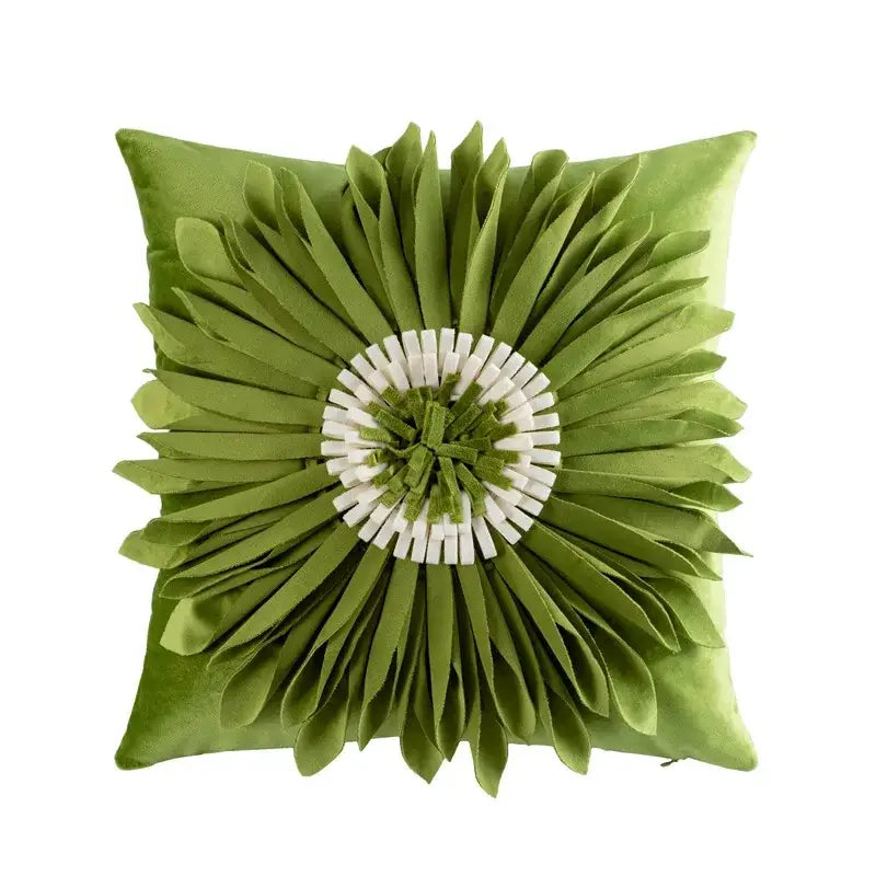 Handmade flower cushion cover in olive green featuring dimensional fabric petals and a white center by decorbites handmade flower
