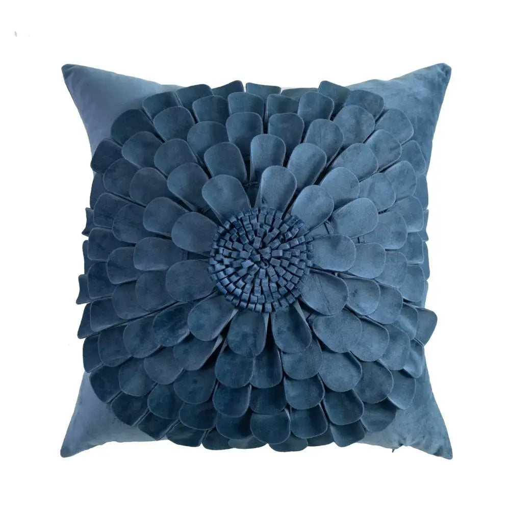 A plush navy blue velvet cushion cover with a handmade flower three-dimensional floral design for living room decorbites