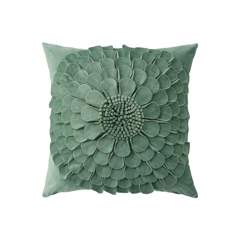A plush sage green velvet handmade flower cushion cover with raised ruffled petals for living room decor