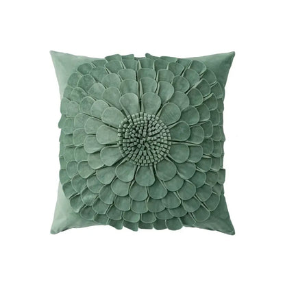A plush sage green velvet handmade flower cushion cover with raised ruffled petals for living room decor