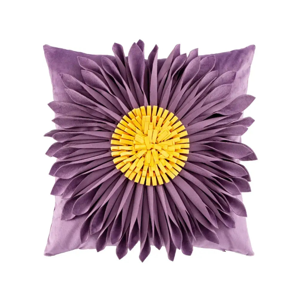 Purple velvet handmade flower cushion cover with three-dimensional layered petals and bright yellow center decorbites handmade flower