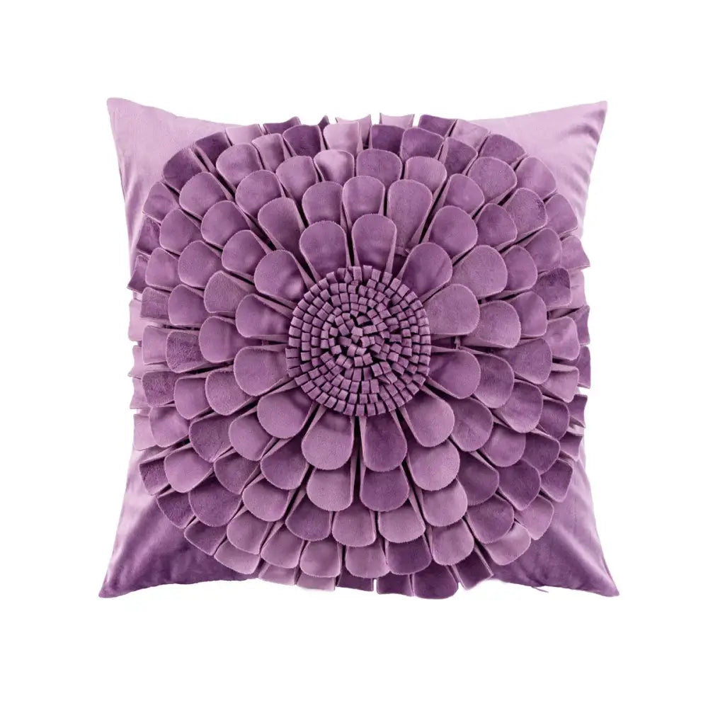Purple velvet handmade flower cushion cover with three-dimensional floral design for living room decorbites handmade flower