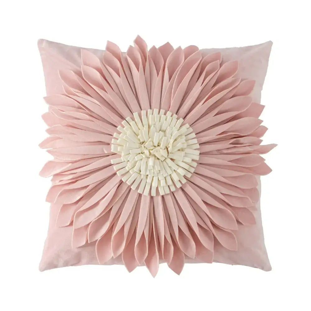 A soft pink decorbites handmade flower cushion cover with 3D layered petals and cream center for living room decor