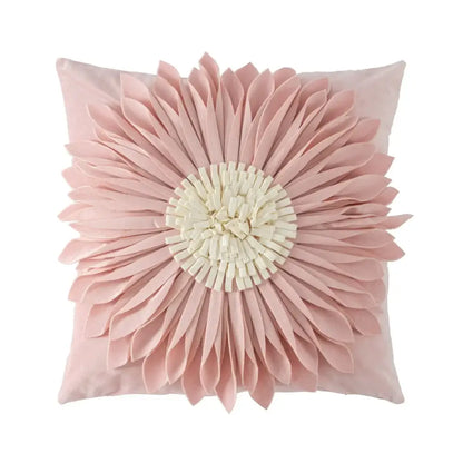 A soft pink decorbites handmade flower cushion cover with 3D layered petals and cream center for living room decor