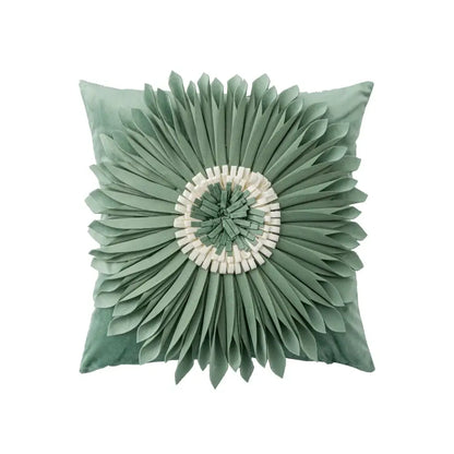 Handmade flower cushion cover in sage green velvet with 3d floral design and off-white center for living room decorbites
