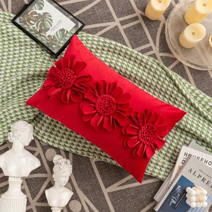 Vibrant red velvet handmade flower cushion cover with three dimensional floral appliqués for living room decorbites decor
