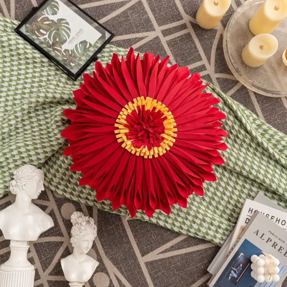 Vibrant red and yellow handmade flower cushion cover for living room decor from Decorbites handmade flower set