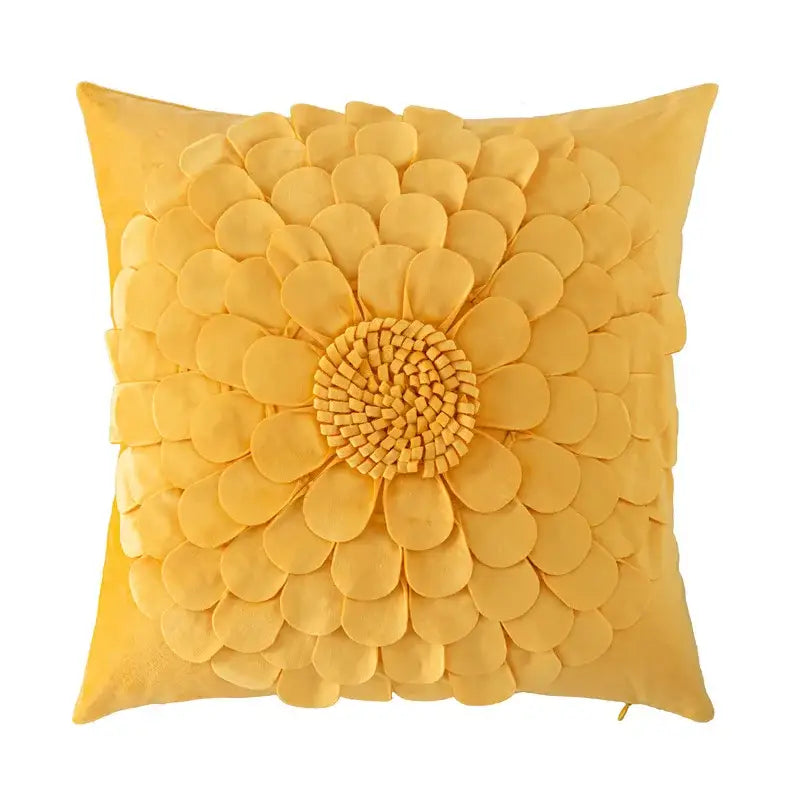 A vibrant yellow velvet handmade flower cushion cover with layered petals and woven center for living room decorbites