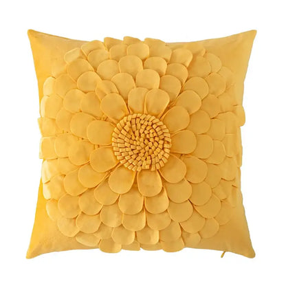 A vibrant yellow velvet handmade flower cushion cover with layered petals and woven center for living room decorbites