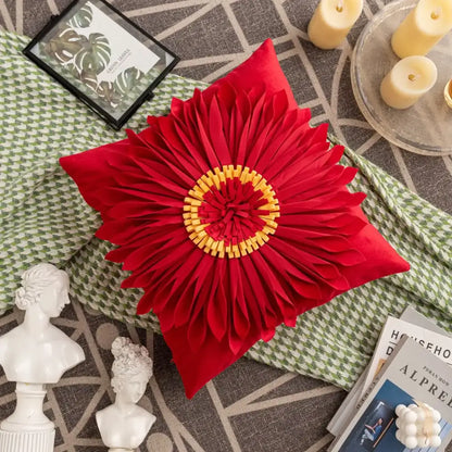 Vibrant red velvet handmade flower cushion cover with layered petals and yellow center decorbites handmade flower decor