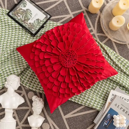 Vibrant red velvet handmade flower cushion cover with three-dimensional floral design for living room decorbites decor
