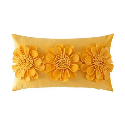 Yellow handmade flower cushion cover with three-dimensional floral appliqués for living room decor by decorbites handmade flower