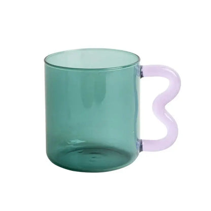 Teal translucent glass mug with pastel pink wavy handle by Decorbites handmade glass for kitchen coffee use