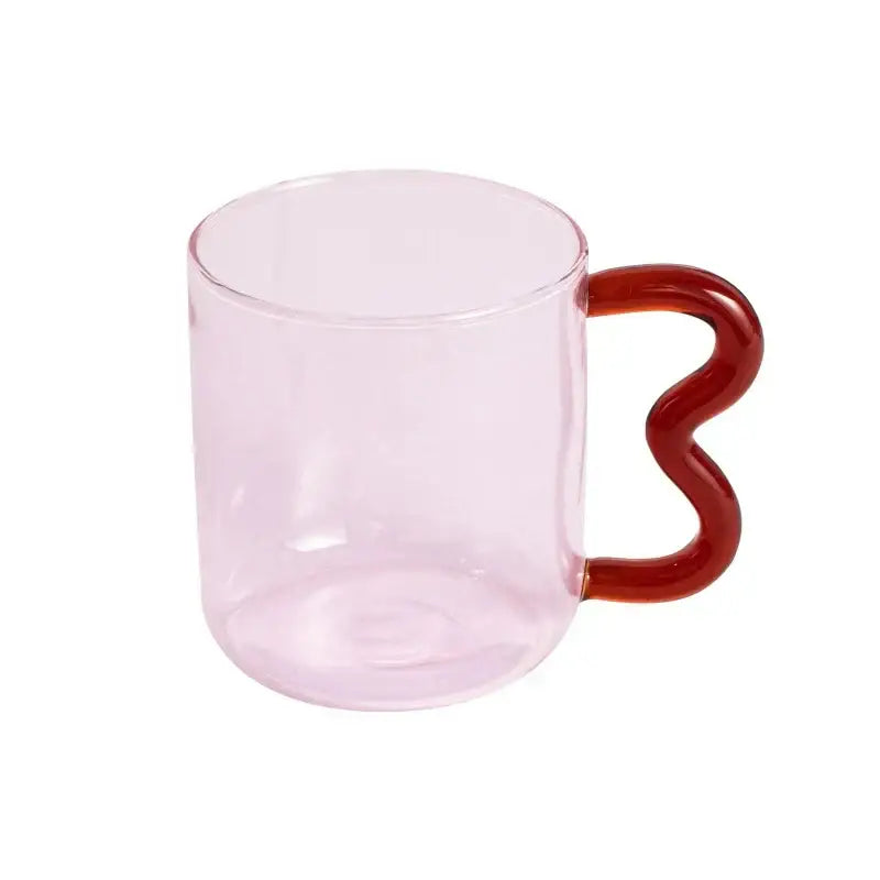 Translucent pink glass mug with glossy curved red handle from decorbites handmade glass collection for kitchen use
