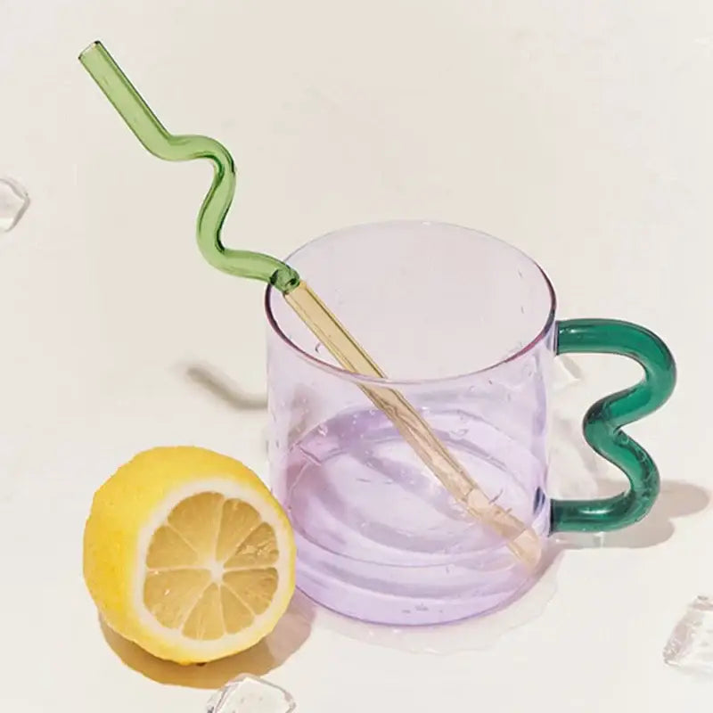 Handmade glass mug lavender and green kitchen coffee cup with wavy handle and matching straw by decorbites handmade glass
