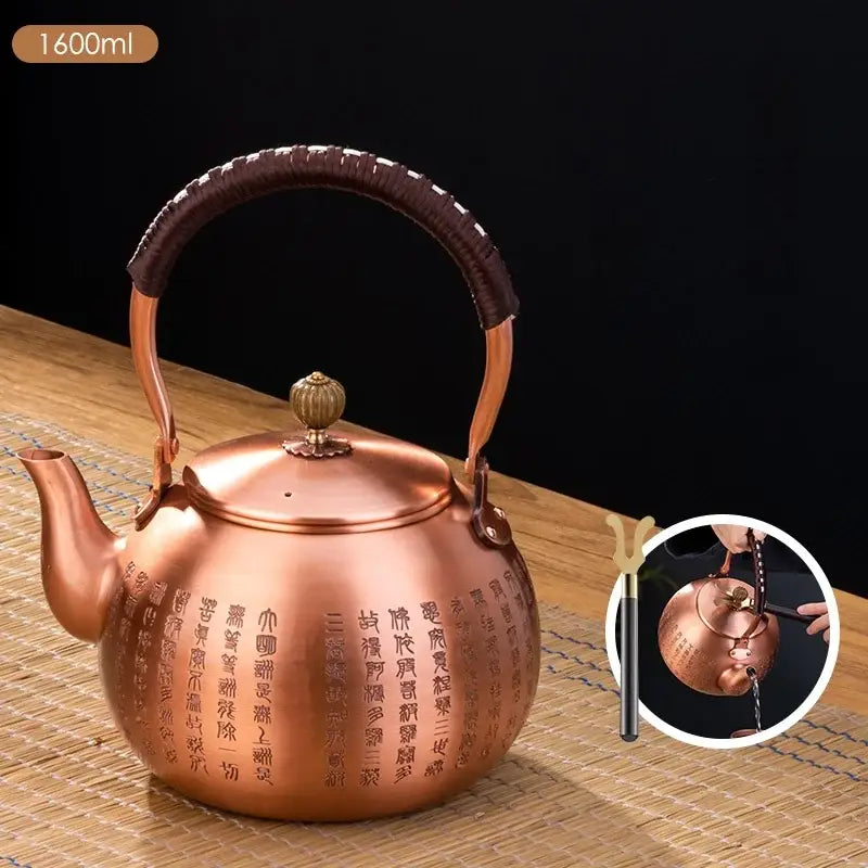 Handmade hammered copper tea pot with knitting handle dark brown grip and engraved chinese characters by decorbites handmade copper