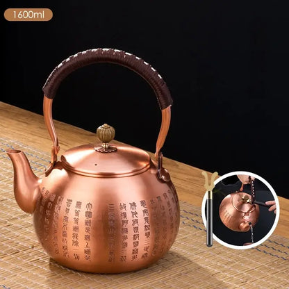 Handmade hammered copper tea pot with knitting handle dark brown grip and engraved chinese characters by decorbites handmade copper
