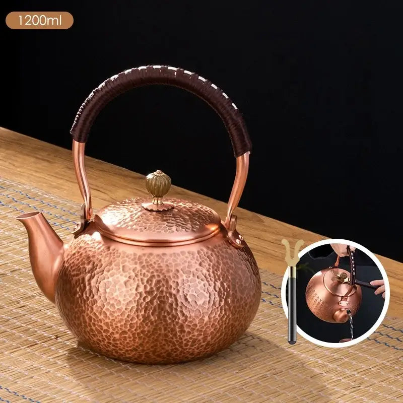 Handmade hammered copper tea pot with dark brown knitting handle and golden lid knob by decorbites handmade copper