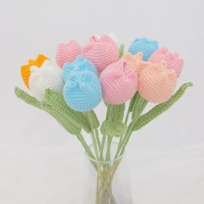 A decorbites handmade knitted bouquet of pastel multicolor handmade knitted crochet tulips with green stems for bedroom decor