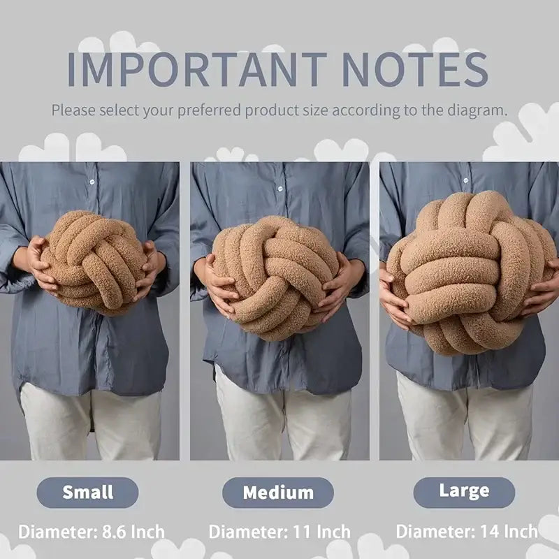 Handmade beige plush knotted boucle circle pillows in small, medium, and large sizes for bedroom decor