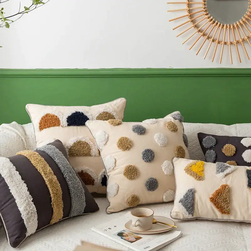 Beige pillow cover with textured colorful pom-pom and geometric appliqué in decorbites handmade moroccan style decor