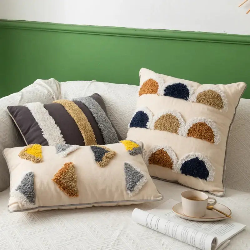 Cream pillow cover with textured colorful geometric tufted patterns in mustard yellow navy and gray decorbites handmade moroccan