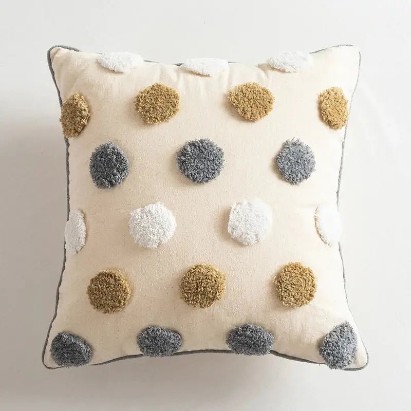 Handmade moroccan geometric cream pillow cover with cream cushion and beige gray white fluffy pom-poms decorbites decor