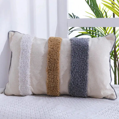 Beige pillow cover with three vertical fluffy stripes in gray tan and dark blue decorbites handmade moroccan geometric design