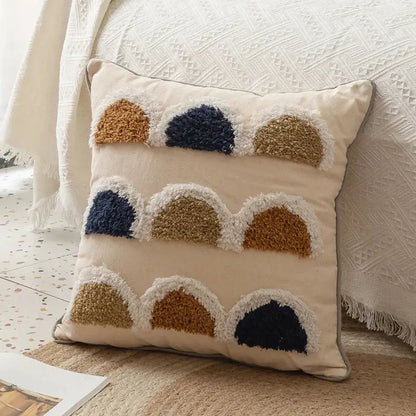 Beige decorbites handmade moroccan geometric pillow cover with navy blue and tan tufted patterns for living room decor