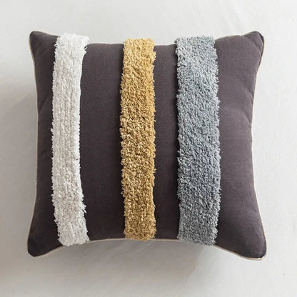 Handmade moroccan geometric pillow cover in cream with textured fluffy stripes in white mustard yellow and light blue decorbites decor