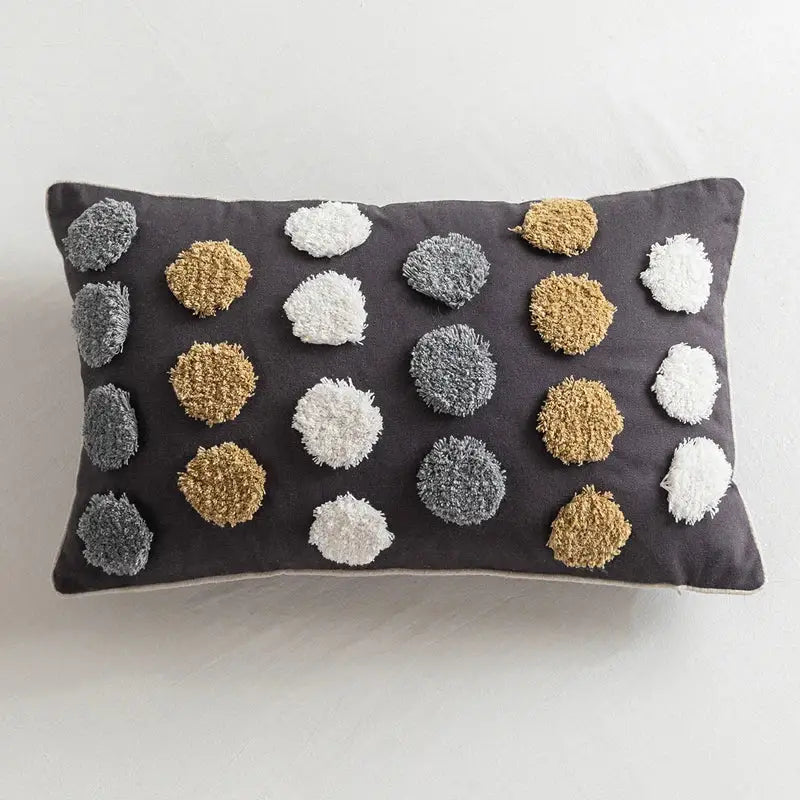 Dark gray pillow cover with playful white light gold and slate gray pom-poms decorbites handmade moroccan geometric design