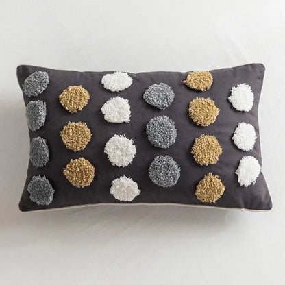 Dark gray pillow cover with playful white light gold and slate gray pom-poms decorbites handmade moroccan geometric design