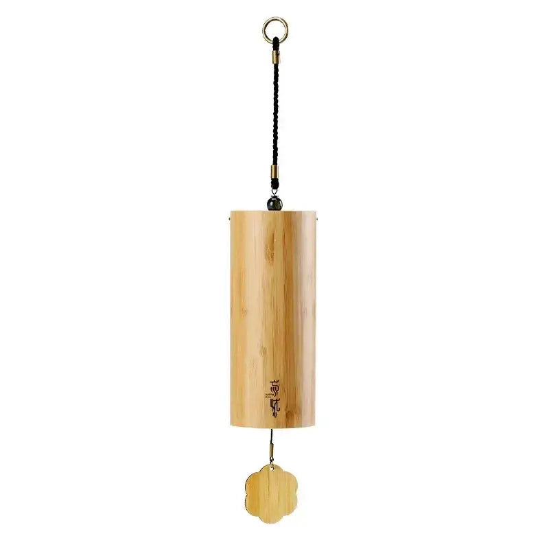 A handmade natural tan bamboo chord wind chimes with a cylindrical body, cloud pendant, and black braided cord for hanging