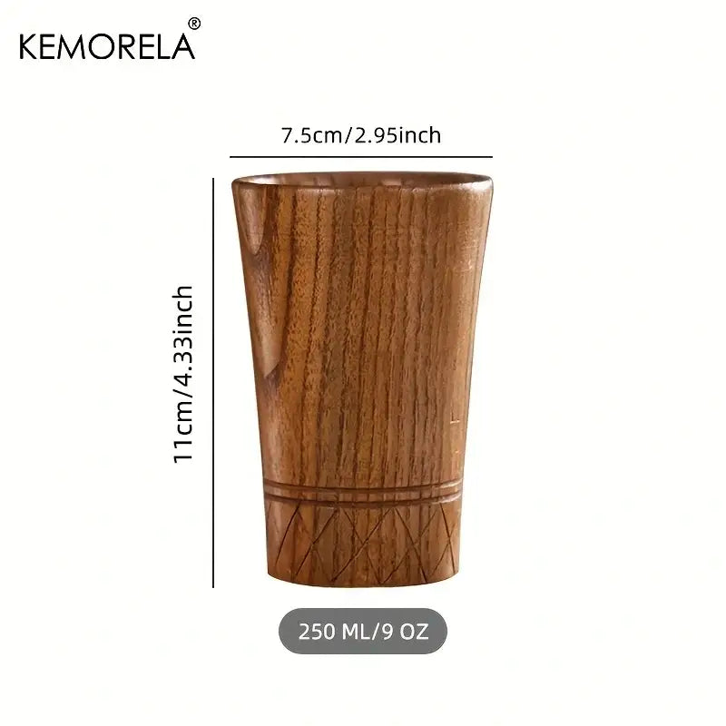 A sleek 11cm tall handmade natural wooden tea tumbler with rich brown finish and engraved geometric patterns