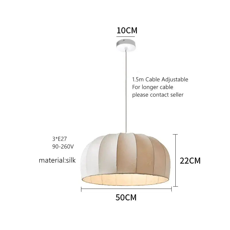 Handmade off-white and beige striped silk pendant lamp with pleated shade and adjustable cable for dining room pendant lights