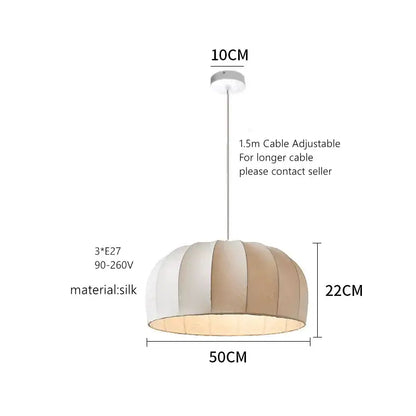 Handmade off-white and beige striped silk pendant lamp with pleated shade and adjustable cable for dining room pendant lights