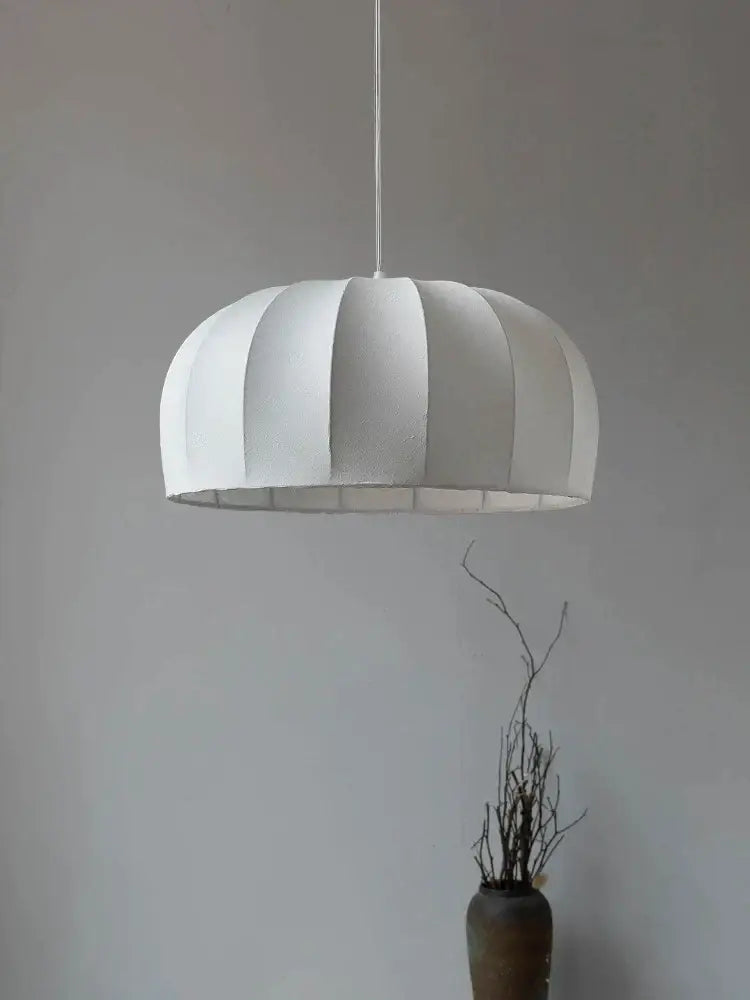 Handmade off-white and beige striped silk pendant lamp with pleated dome design hanging for dining room pendant lights