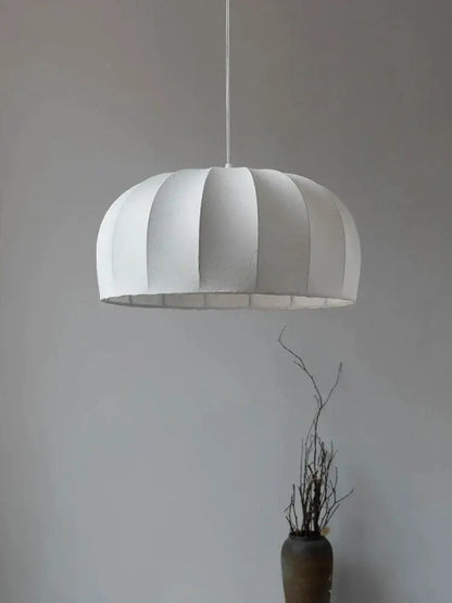 Handmade off-white and beige striped silk pendant lamp with pleated dome design hanging for dining room pendant lights