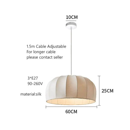 Handmade off-white and beige striped silk pendant lamp with vertical pleats ideal for dining room pendant lights