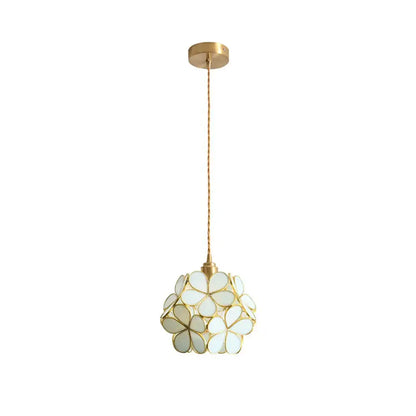 Gold-toned glass petal pendant light with translucent white floral design for bedroom flower lamp lighting