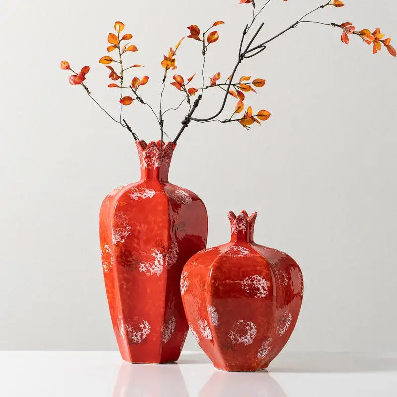 Vibrant red decorbites handmade pomegranate ceramic vase set with glossy finish and white speckled patterns for living room decor
