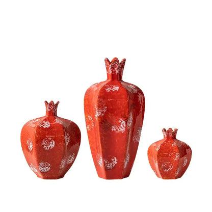 Set of three decorbites handmade pomegranate ceramic vases in vibrant red with distressed white pattern for living room decor