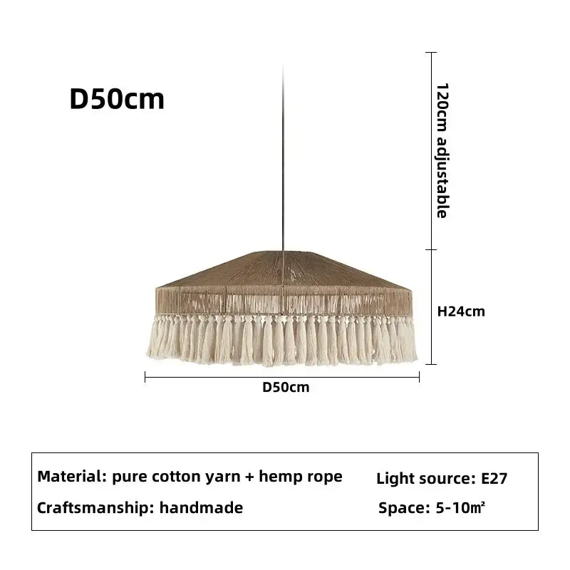 Handmade rattan pendant light with beige and cream fringe made of cotton yarn and hemp rope for dining room pendant lights